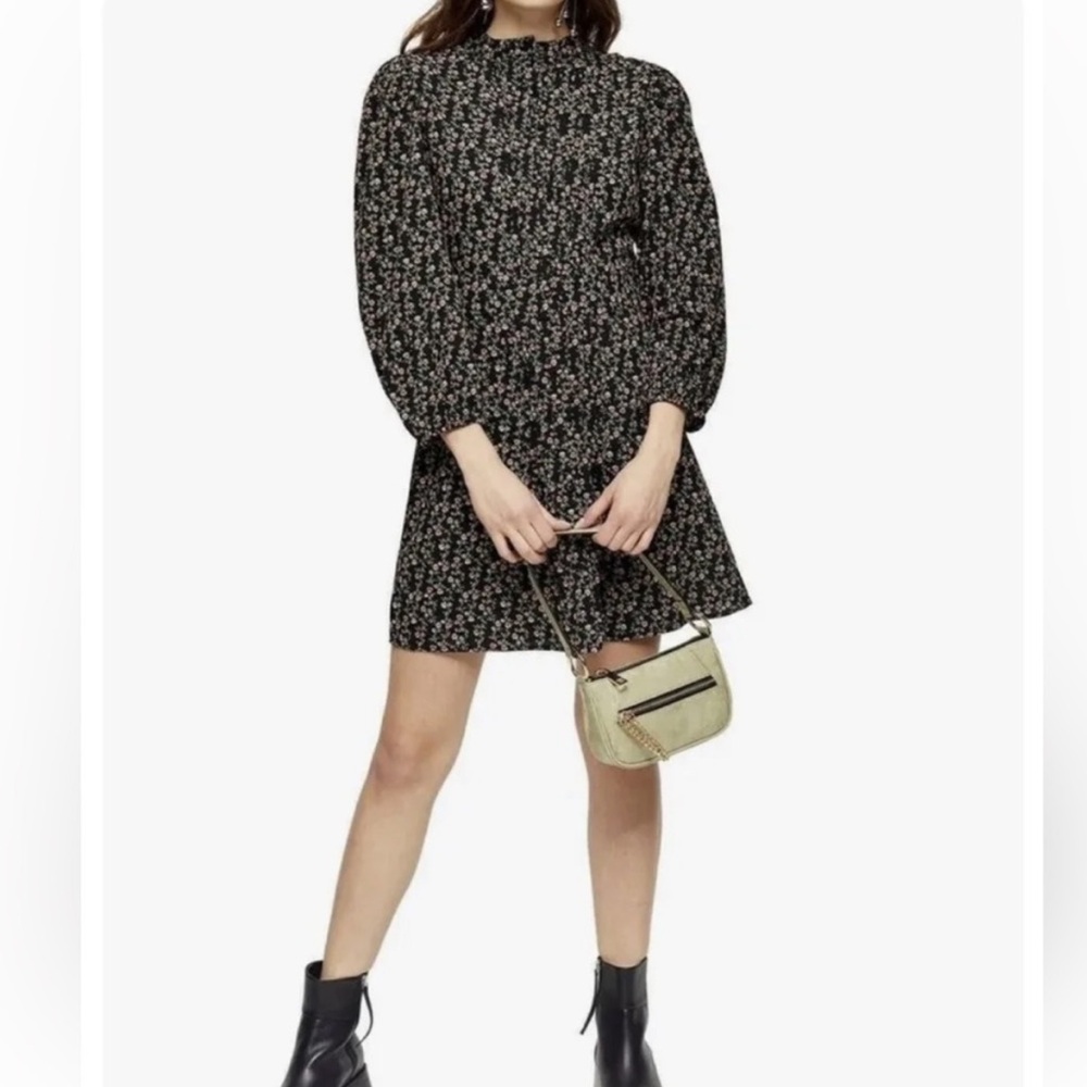 Topshop Black Floral Puff Sleeve Mini Long Sleeve Dress Sz 4